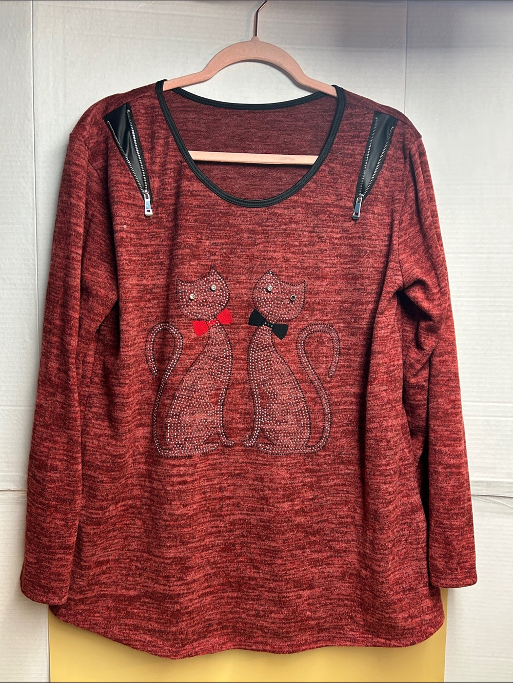 Red Long-Sleeve  Top with Cat Rhinestone Design size large